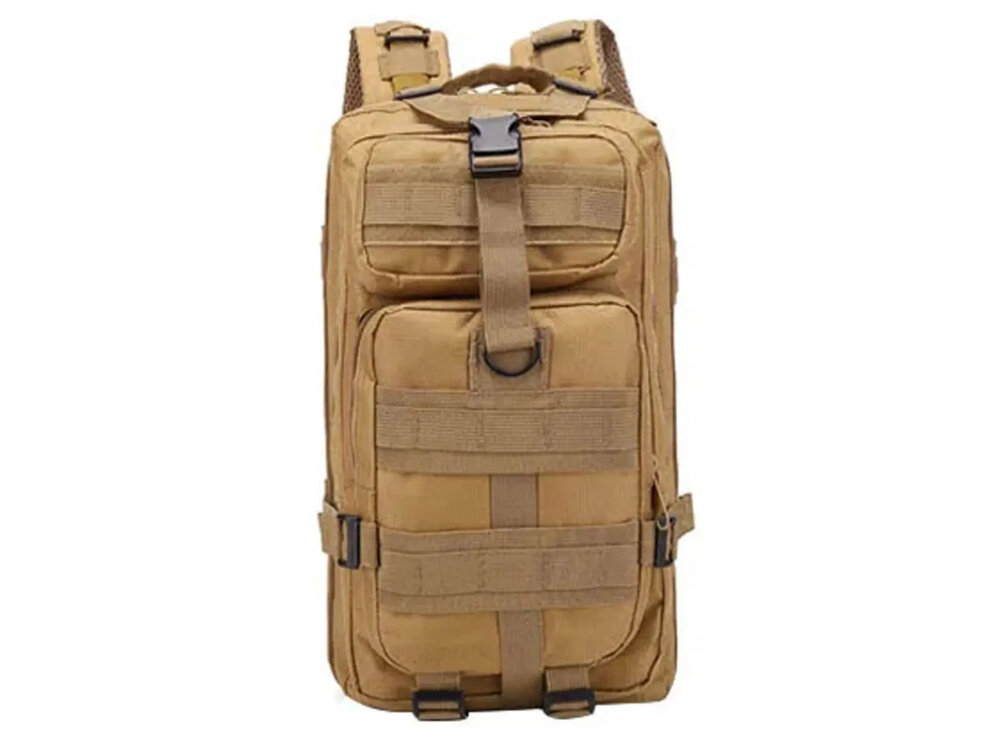 Plecak EXTRALINK Military MIL-667 Brązowy plecak na białym tle widoczny od przodu z poliestru 600D z powłoką PVC odporny na przetarcia uszkodzenia mechaniczne i wodę ochrona przed deszczem oraz przypadkowymi uszkodzeniami sprzęt zachowuje trwałość