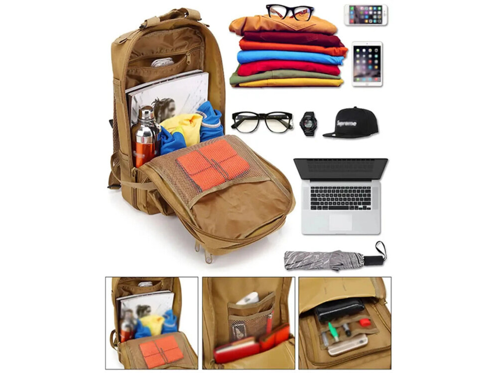 Plecak EXTRALINK Military MIL-667 Brązowyotwarty plecka na na białym tle wokół plecaka zbliżenie na wewnętrzne kieszenie dwie główne komory z dodatkowymi kieszeniami wewnętrznymi organizacja wnętrza szybki dostęp do potrzebnych przedmiotów