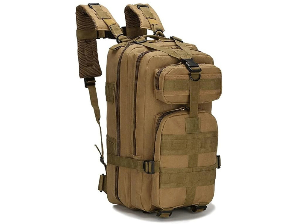 Plecak EXTRALINK Military MIL-667 Brązowy plecak na białym tle widoczny od przodu pod skosem system MOLLE umożliwia przypięcie dodatkowego wyposażenia funkcjonalność dopasować sprzęt do indywidualnych potrzeb system MOLLE