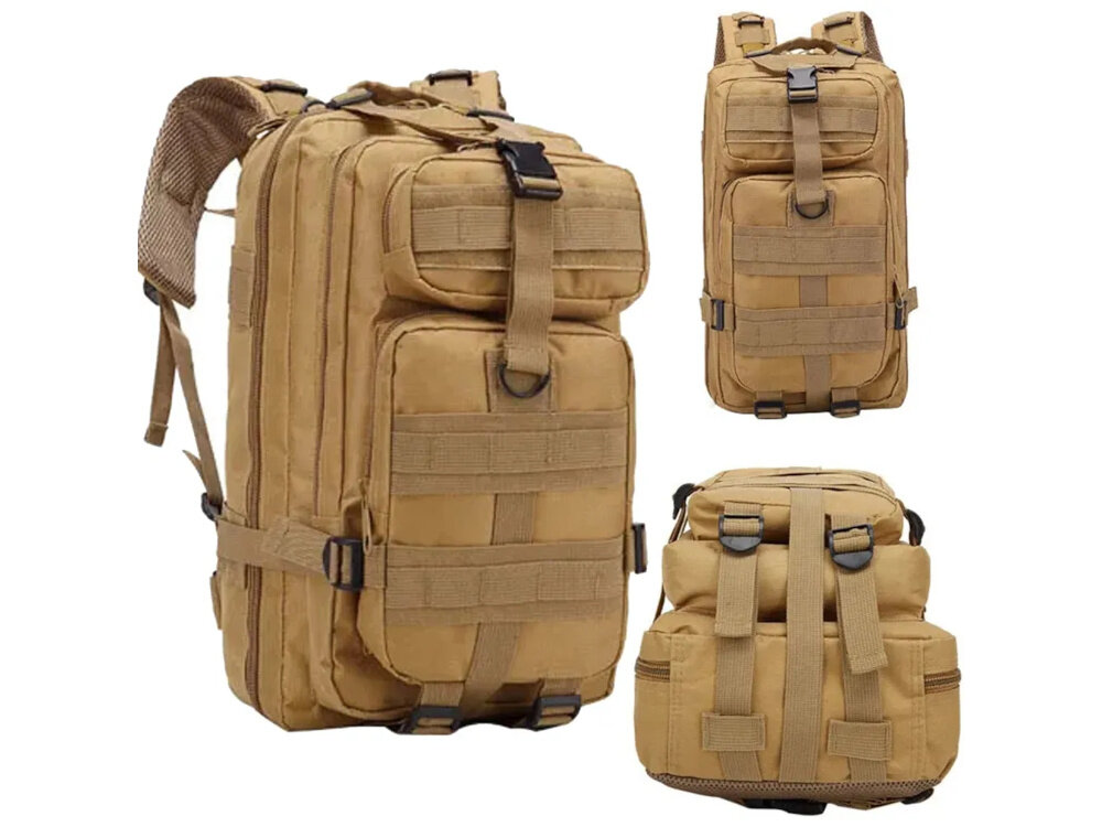 Plecak EXTRALINK Military MIL-667 Brązowy plecak w trzech ujęciach od przodu od przodu pod skosem od przodu złożony waga około 1,4 kg uchwyt transportowy lekki i wygodny do noszenia swoboda ruchów wytrzymałość wodoodporność przemyślana organizacja