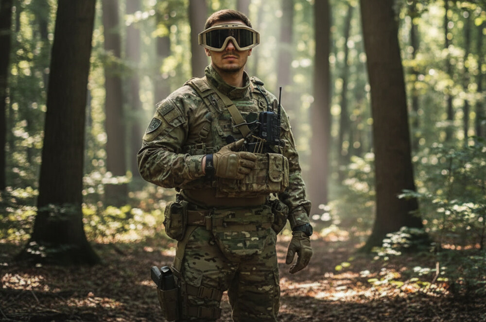 Okulary taktyczne EXTRALINK MIL-678 las osoba w okularach w mundurze stoi na ścieżce w lesie wsparcie w terenie ochrona wzroku ochrona oczu dobra widoczność