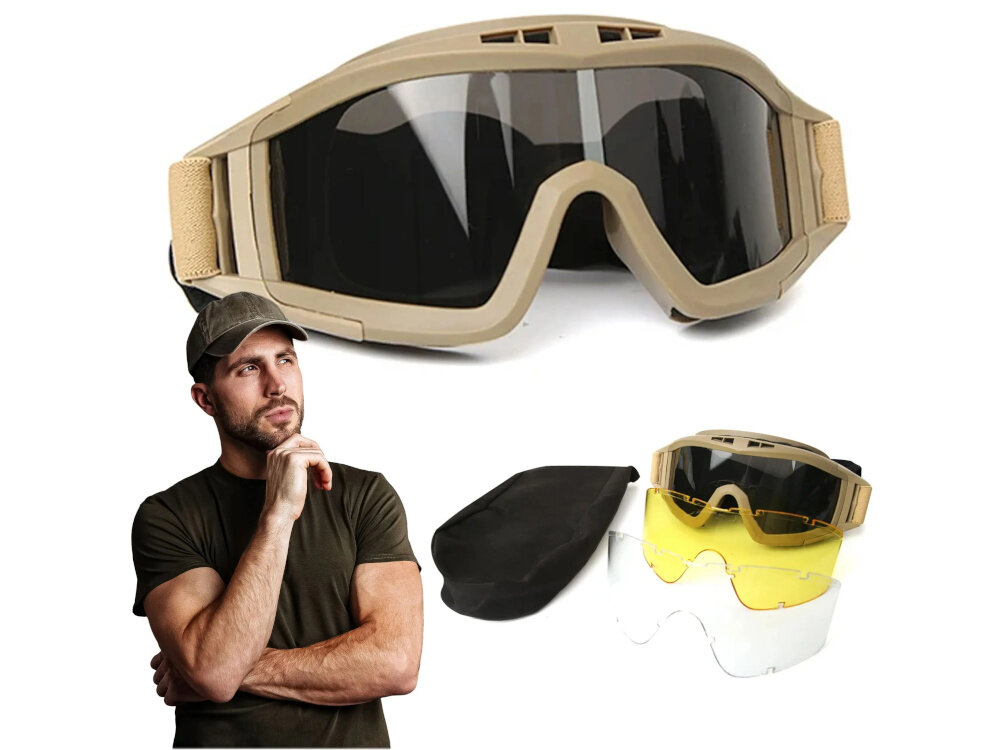 Okulary taktyczne EXTRALINK MIL-678 białe tło okulary widoczne od przodu obok stoi osoba w czapce poniżej okulary z pokrowcem kompleksowa ochrona oczu w zróżnicowanych warunkach ochrona przed pyłem wiatrem drobnymi odłamkami sprawdzają się podczas pracy wymagającej zwiększonego poziomu bezpieczeństwa podczas aktywności outdoorowych lekka konstrukcja minimalizuje zmęczenie twarzy i oczu