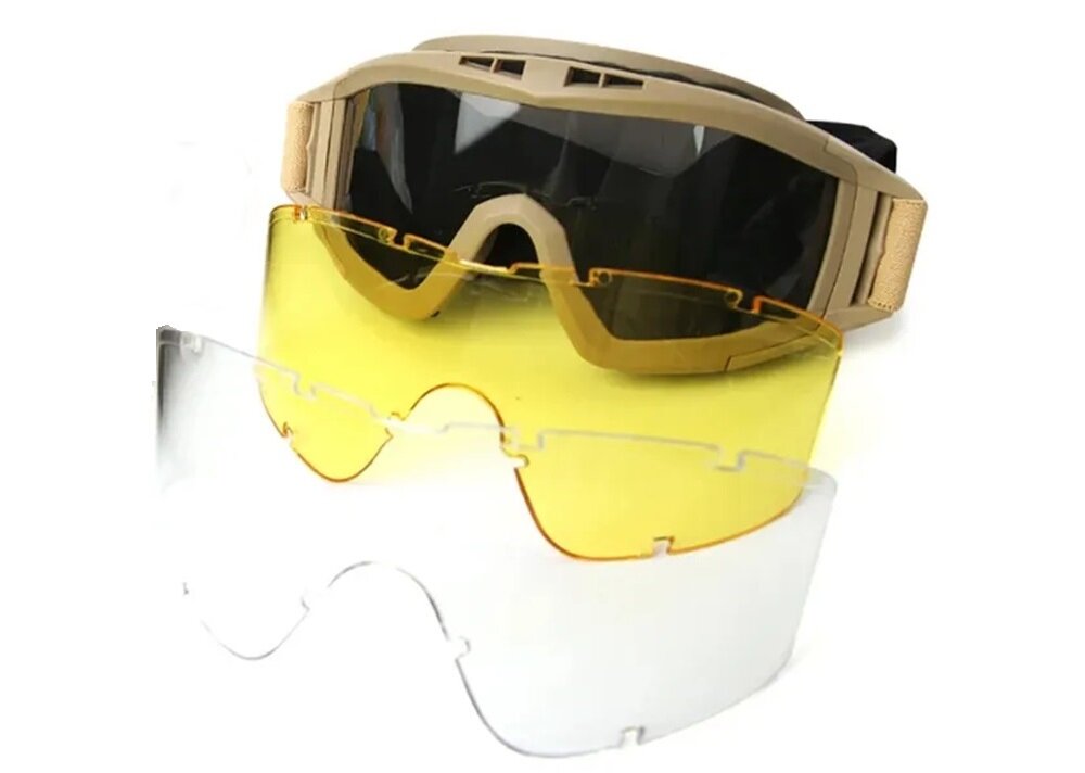 Okulary taktyczne EXTRALINK MIL-678 trzy szyby na białym tle trzy rodzaje szyb przezroczysta przyciemniająca rozjaśniająca można dostosować ochronę oczu do zmieniających się warunków oświetleniowych pełna widoczność w każdych sytuacjach wymienne szybki