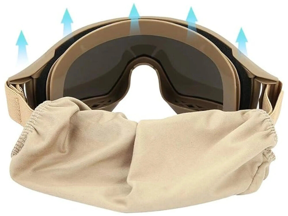 Okulary taktyczne EXTRALINK MIL-678 okulary na białym tle widoczne od tył niebieskie strzałki pokazujące wentylację specjalna mieszanka gumy na krawędziach otwory wentylacyjne guma stabilizuje okulary na twarzy otwory wentylacyjne umożliwiają swobodny przepływ powietrza