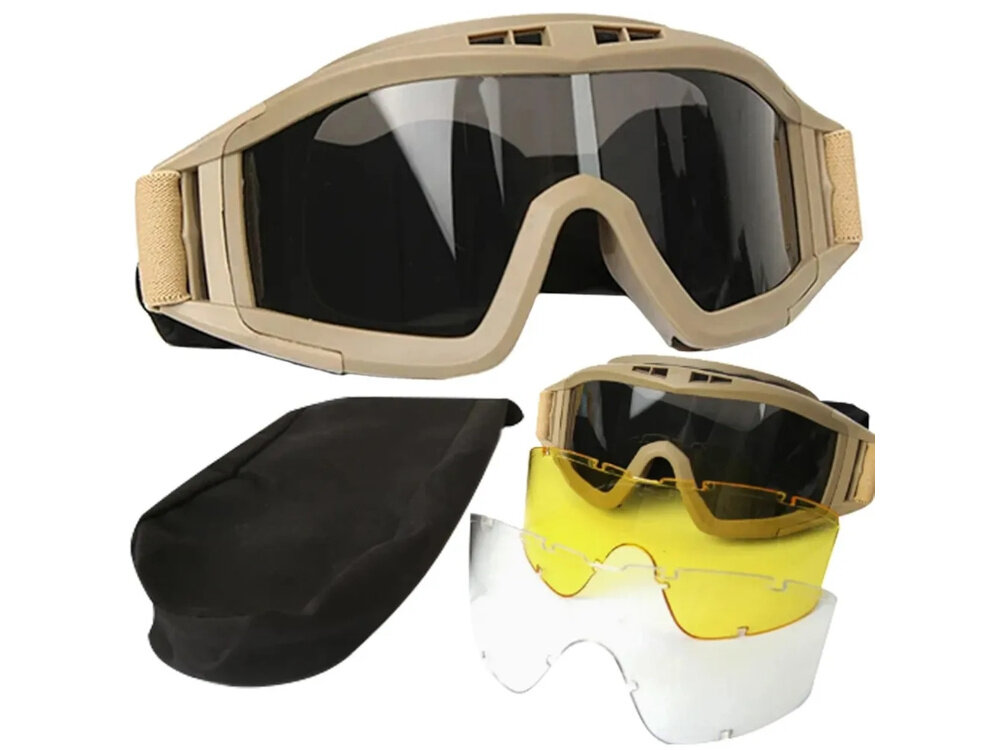 Okulary taktyczne EXTRALINK MIL-678 zestaw na białym tle w zestawie okulary trzy wymienne szybki pokrowiec dokumentacja