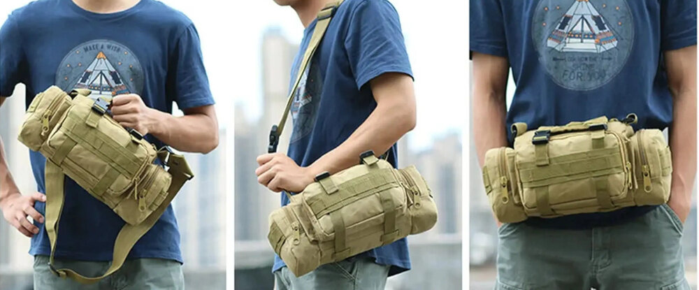 Torba EXTRALINK MIL-662 osoba z torbą w trzech ujęciach jedna osoba trzyma torbę w dłoni kolejna na ramieniu kolejna nosi torbę na biodrach funkcjonalna wszechstronne zastosowanie porządek przenoszenie rzeczy