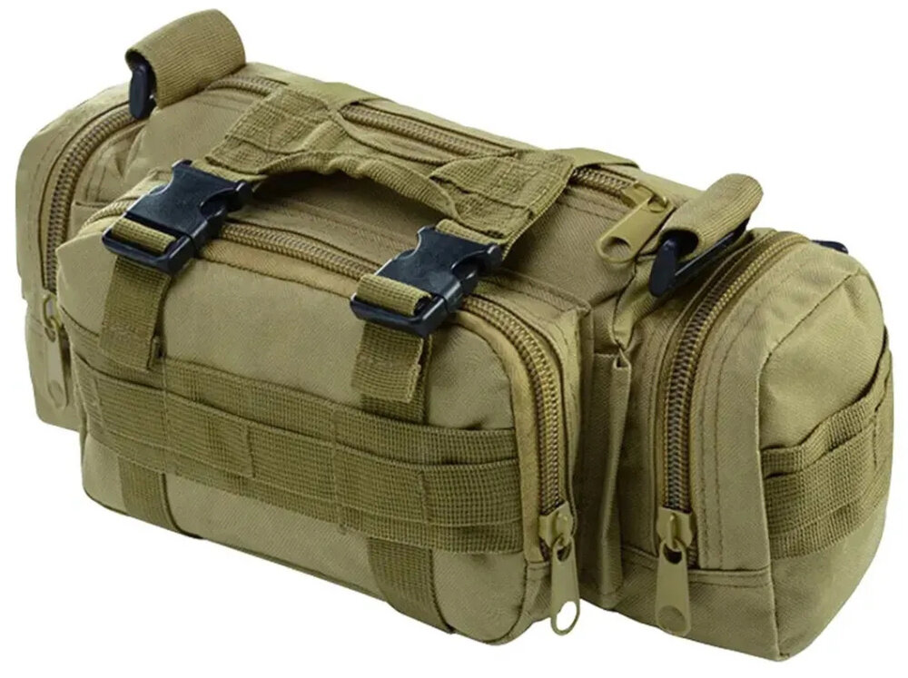 Torba EXTRALINK MIL-662 torba na białym tle widoczna od przodu pod skosem  system MOLLE łatwe przymocowanie jej do większego plecaka taktycznego dodatkowe taśmy MOLLE na bocznych kieszeniach i przedniej części pozwalają przypiąć akcesoria