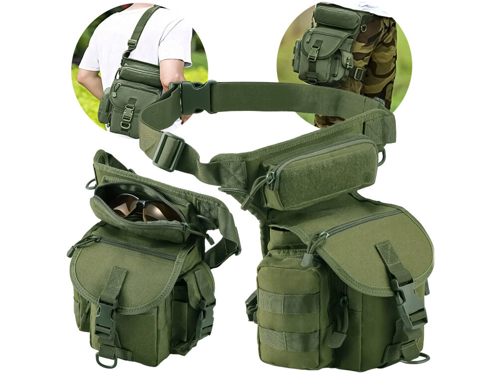 Torba EXTRALINK MIL-661 białe tło torba w czterech ujęciach osoba ma ją założoną na ramię osoba ma ją założoną na nodze zamknięta i otwarta torba do codziennych zadań wszechstronne zastosowanie ochrona porządek przenoszenie rzeczy