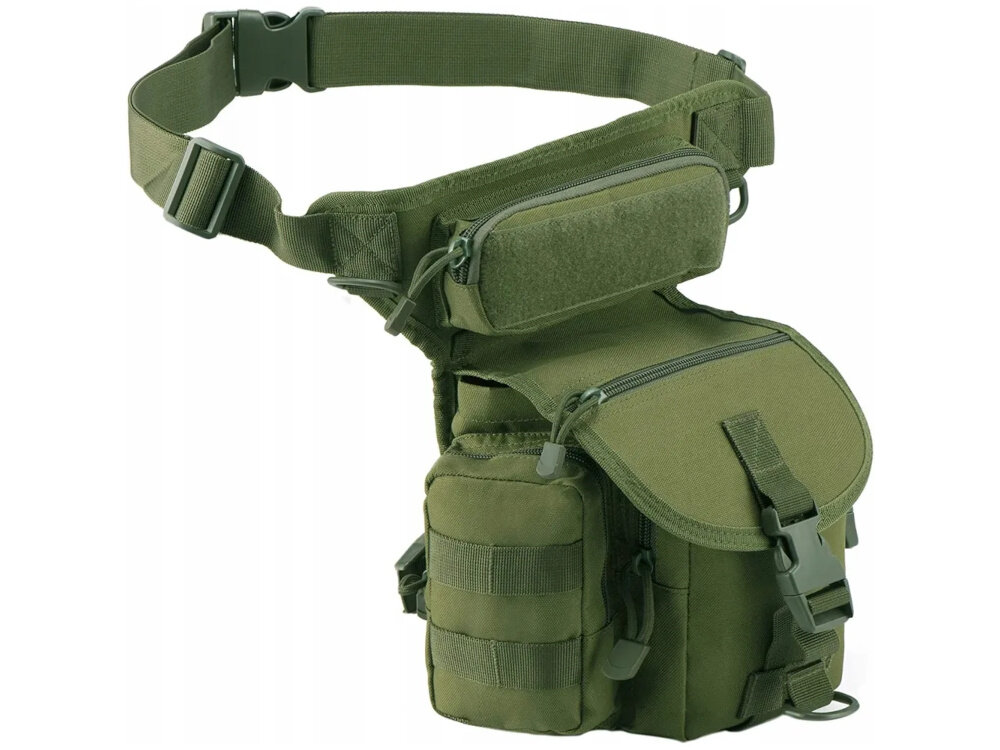 Torba EXTRALINK MIL-661 białe tło torba widoczna od przodu pod skosem regulowany pas biodrowy (do 113 cm) pasek na udo (do 80 cm) pozwala dopasować ją do różnych sylwetek i typów odzieży stabilne mocowanie minimalizuje przesuwanie się torby komfort użytkownika