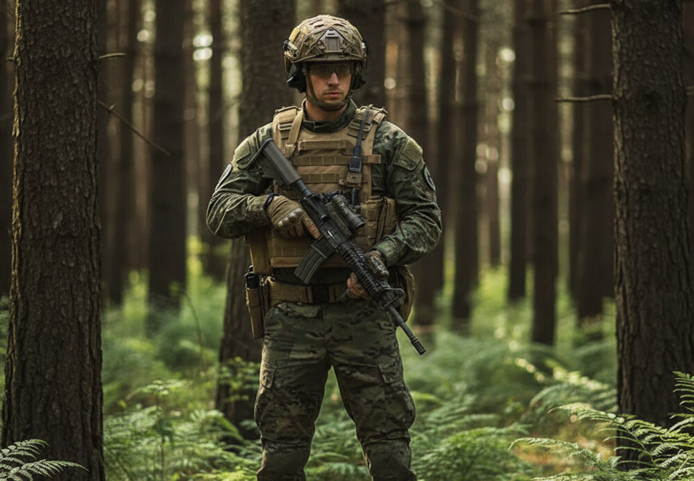 Kamizelka taktyczna EXTRALINK Airsoft ASG MIL-691 Khaki las osoba w mundurze z założoną kamizelką stoi pośrodku lasu w dłoniach ma karabin wsparcie w terenie wszechstronne zastosowanie wygoda