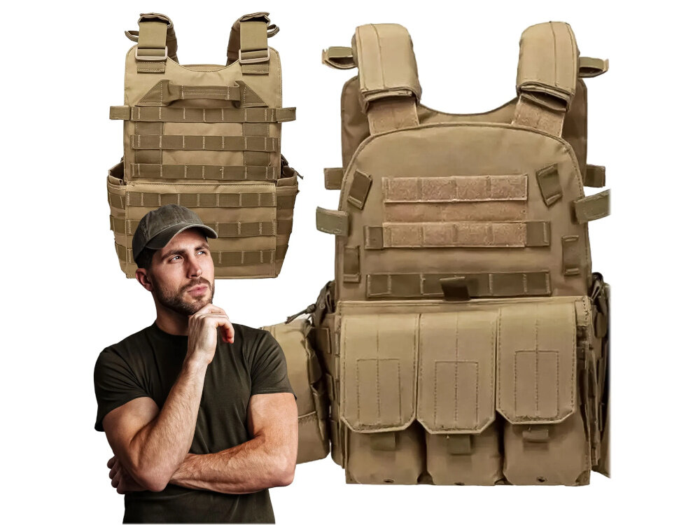 Kamizelka taktyczna EXTRALINK Airsoft ASG MIL-691 Khaki białe tło kamizelka w dwóch ujęciach widoczna od przodu i od tyłu na pierwszym planie osoba w czapce wygodne i funkcjonalne wyposażenie w terenie do gier ASG treningów strzeleckich aktywności survivalowych uporządkowanie sprzętu skraca czas sięgania po niezbędne elementy