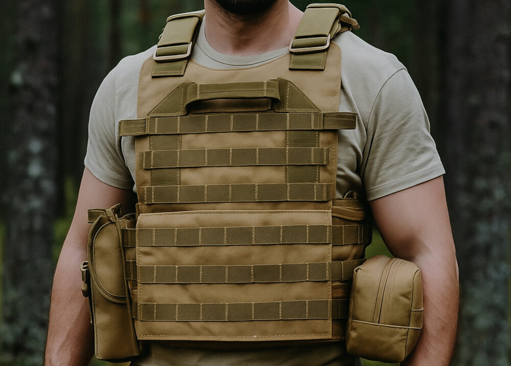 Kamizelka taktyczna EXTRALINK Airsoft ASG MIL-691 Khaki las osoba w kamizelce widok od przodu pełna regulacja obwodu pasa do 120 cm możliwość dostosowania wysokości w zakresie około 20 cm dopasowanie kamizelki do sylwetki zwiększa wygodę noszenia