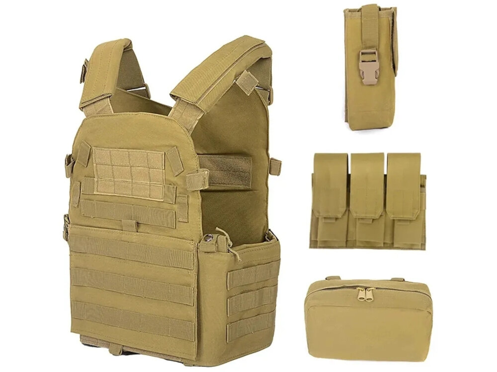 Kamizelka taktyczna EXTRALINK Airsoft ASG MIL-691 Khaki białe tło kamizelka widoczna od przodu pod skosem obok zasobniki trzy ładownice na magazynki kieszeń na radio miejsce na zestaw medyczny szybkie reagowanie w terenie organizacja sprzętu usprawnia pracę