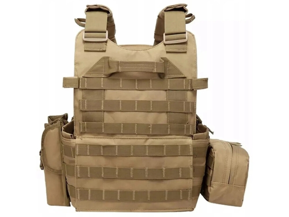 Kamizelka taktyczna EXTRALINK Airsoft ASG MIL-691 Khaki kamizelka na białym tle widoczna od przodu system MOLLE montaż dodatkowych ładownic i akcesoriów dostosowanie zestawu do rodzaju misji lub stylu rozgrywki komfort organizacji ekwipunku