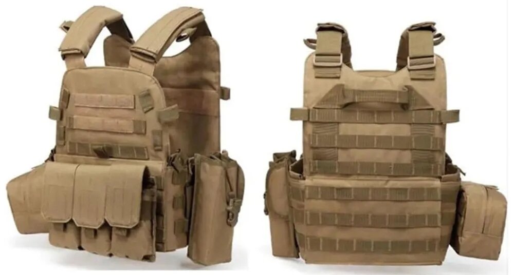 Kamizelka taktyczna EXTRALINK Airsoft ASG MIL-691 Khaki kamizelka na białym tle widoczna od przodu pod skosem i od tyłu specjalne kieszenie na wkłady balistyczne z przodu z tyłu i po bokach równomierne rozmieszczenie ochrony stabilność kamizelki swoboda ruchów