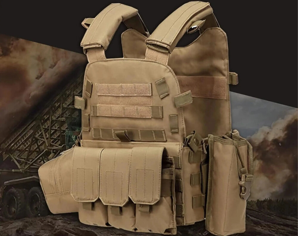 Kamizelka taktyczna EXTRALINK Airsoft ASG MIL-691 Khaki ciemne tło dym kamizelka widoczna od przodu pod skosem wysokiej jakości tkanina taktyczna odporność kamizelki na przecieranie i intensywne użytkowanie trwałość