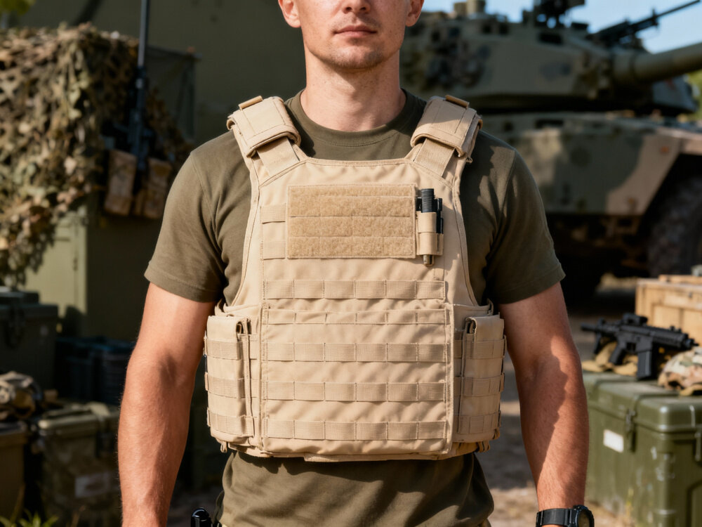 Kamizelka taktyczna EXTRALINK Airsoft ASG MIL-691 Khaki poligon osoba w kamizelce stoi na tle czołgów waga około 1 kg równomierne rozmieszczenie kieszeni stabilny panel przedni i tylny balans