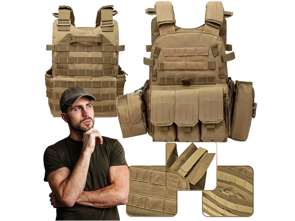 Kamizelka taktyczna EXTRALINK Airsoft ASG MIL-691 Khaki białe tło kamizelka w dwóch ujęciach widoczna od przodu i od tyłu na pierwszym planie osoba w czapce poniżej zbliżenie na uchwyt i system MOLLE wymiary 55 × 45 × 8 cm przemyślany układ paneli pomaga uporządkować cały zestaw wyposażenia większa pewność działania i lepsza organizacja