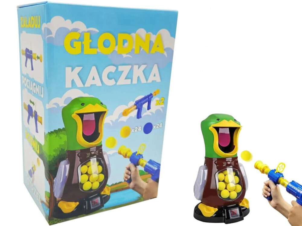 Gra plenerowa EXTRALINK Głodna kaczka Niebieskie opakowanie gry zręcznościowej Głodna Kaczka obok samej zabawki i dłoni trzymającej pistolet wystrzeliwujący żółtą kulkę. Na pudełku widoczne są instrukcje obrazkowe oraz informacja o zawartości zestawu: 2 pistolety i 24 kulki.