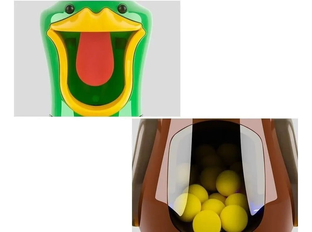 Gra plenerowa EXTRALINK Głodna kaczka Dwa zbliżenia na detale zabawki interaktywnej: górne pokazuje otwarty dziób kaczki z czerwonym językiem jako cel, a dolne przedstawia przezroczysty pojemnik w brzuchu zabawki wypełniony żółtymi kulkami piankowymi.