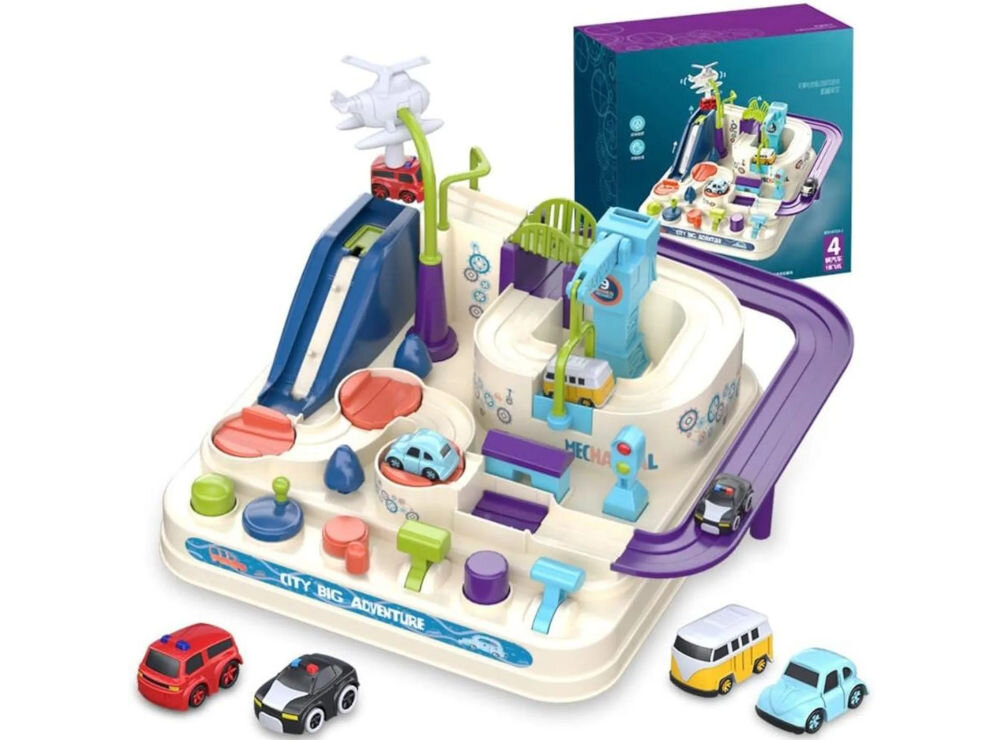 Tor samochodowy EXTRALINK Inteligentny EX.37605 prezentacja toru z opakowaniem na białym tle radość z odkrywania wartościowa lekcja logicznego myślenia bawi wspiera rozwój urodziny święta dzień dziecka