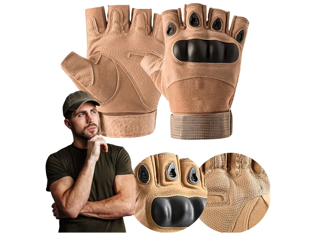 Rękawice taktyczne EXTRALINK MIL-694 (rozmiar L) Beżowy rękawice na białym tle zbliżenie na wentylację i obszycia na pierwszym planie osoba w rękawicach chronią dłonie przed urazami komfort swobodne wykonywanie czynności manualnych