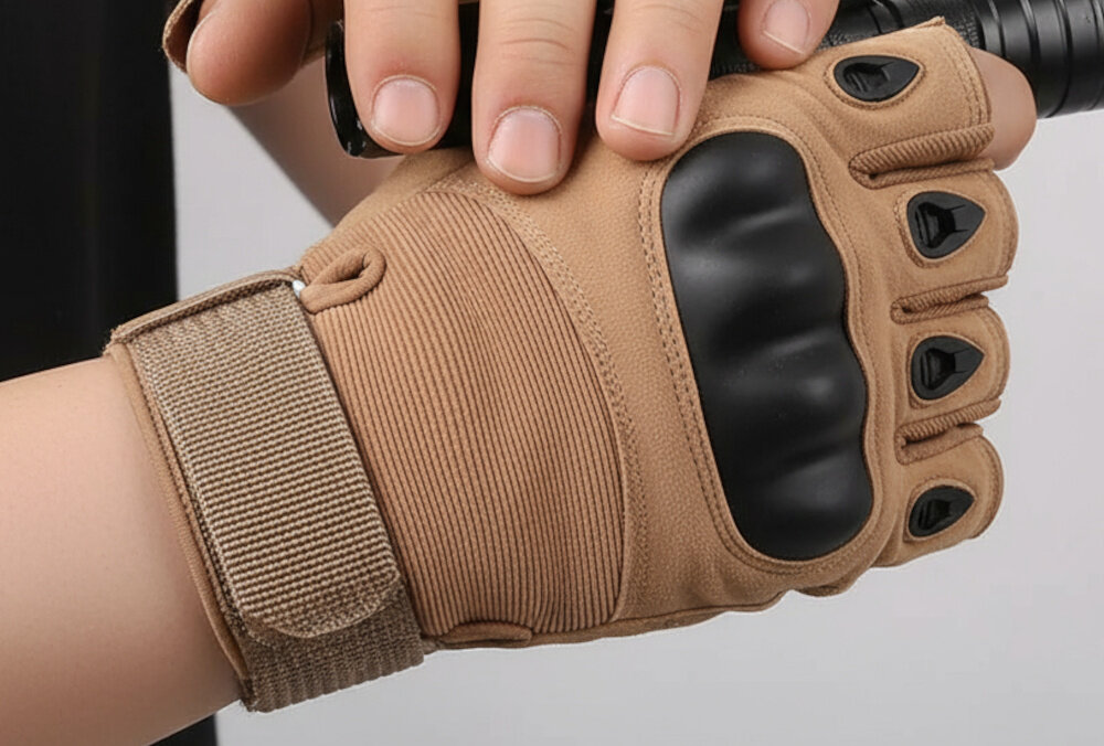 Rękawice taktyczne EXTRALINK MIL-694 (rozmiar L) Beżowy osoba w rękawicach trzyma w dłoni latarkę obszycia na kłykciach rozciągliwy materiał naturalne zginanie palców komfort pracy precyzja ruchów użytkownik może wykonywać złożone czynności manualne bez ograniczeń