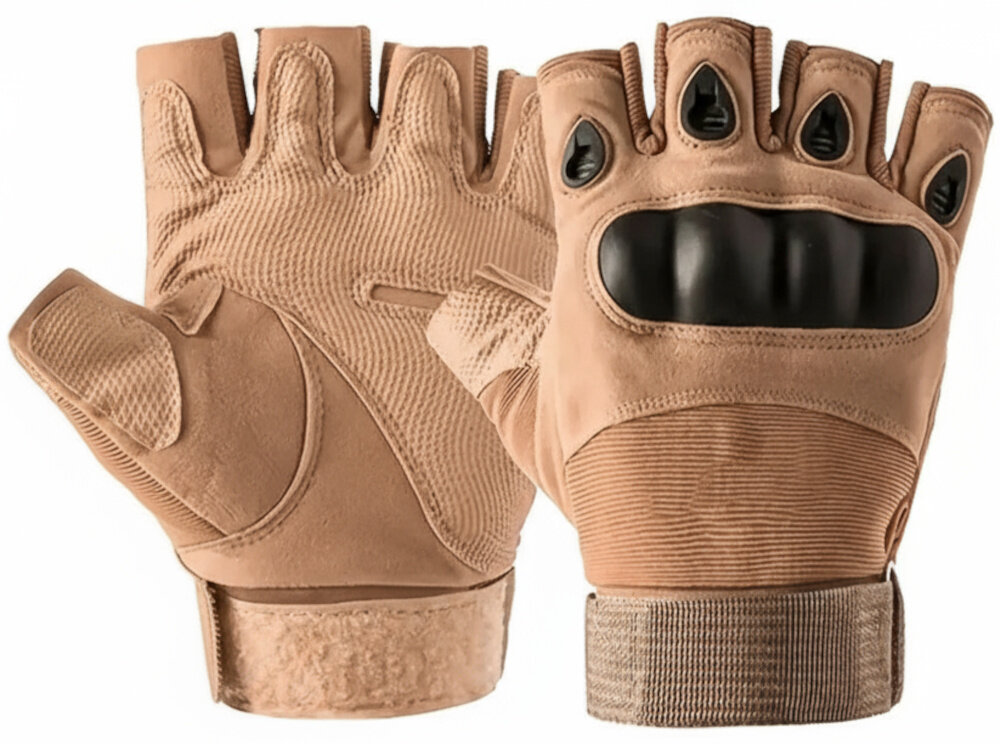 Rękawice taktyczne EXTRALINK MIL-694 (rozmiar L) Beżowy rękawice na białym tle szeroka taśma na rzep stabilizuje rękawice na dłoni usztywnia nadgarstek regulowane zapięcie dopasowanie do obwodu nadgarstka regulacja w zakresie 23–24 cm