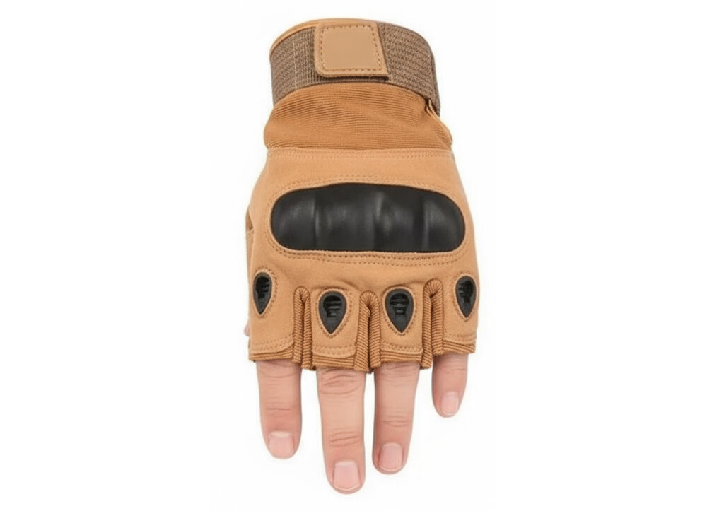 Rękawice taktyczne EXTRALINK MIL-694 (rozmiar L) Beżowy jedna rękawica na białym tle z połączenia gumy i nylonu odporność na przetarcia i uszkodzenia mechaniczne materiał jest elastyczny wytrzymały w rozmiarze L