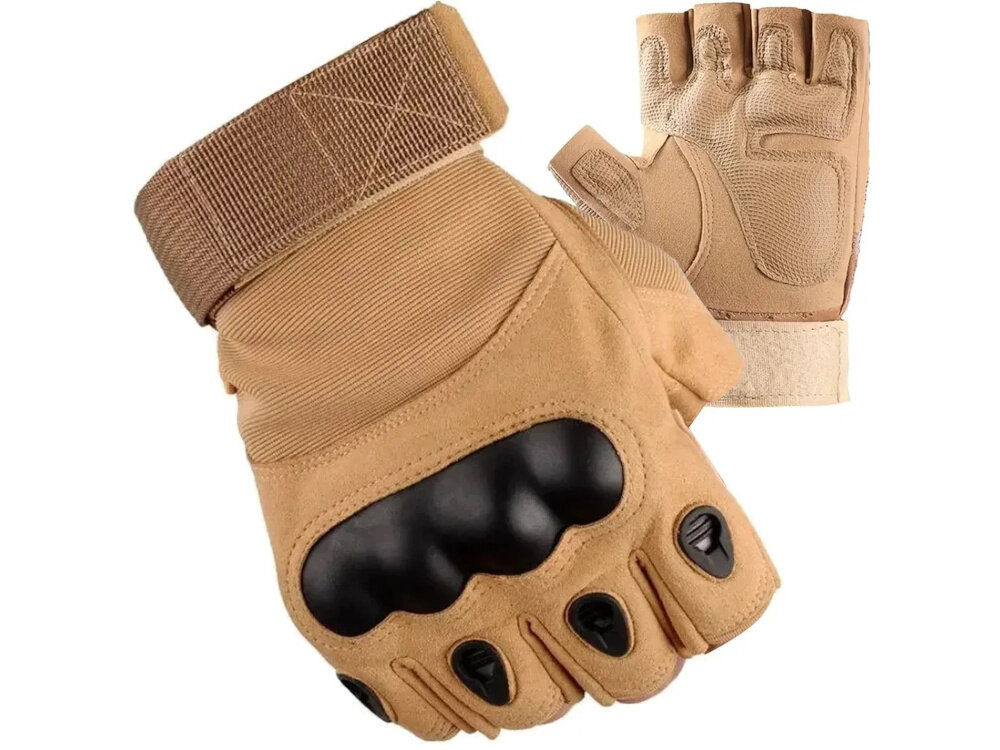 Rękawice taktyczne EXTRALINK MIL-694 (rozmiar L) Beżowy rękawice na białym tle długość 17 cm konstrukcja o otwartych palcach odpowiednia zręczność i kontrola nad sprzętem ułatwia precyzyjne operowanie narzędziami, bronią lub wyposażeniem taktycznym większa wentylacja swoboda ruchu