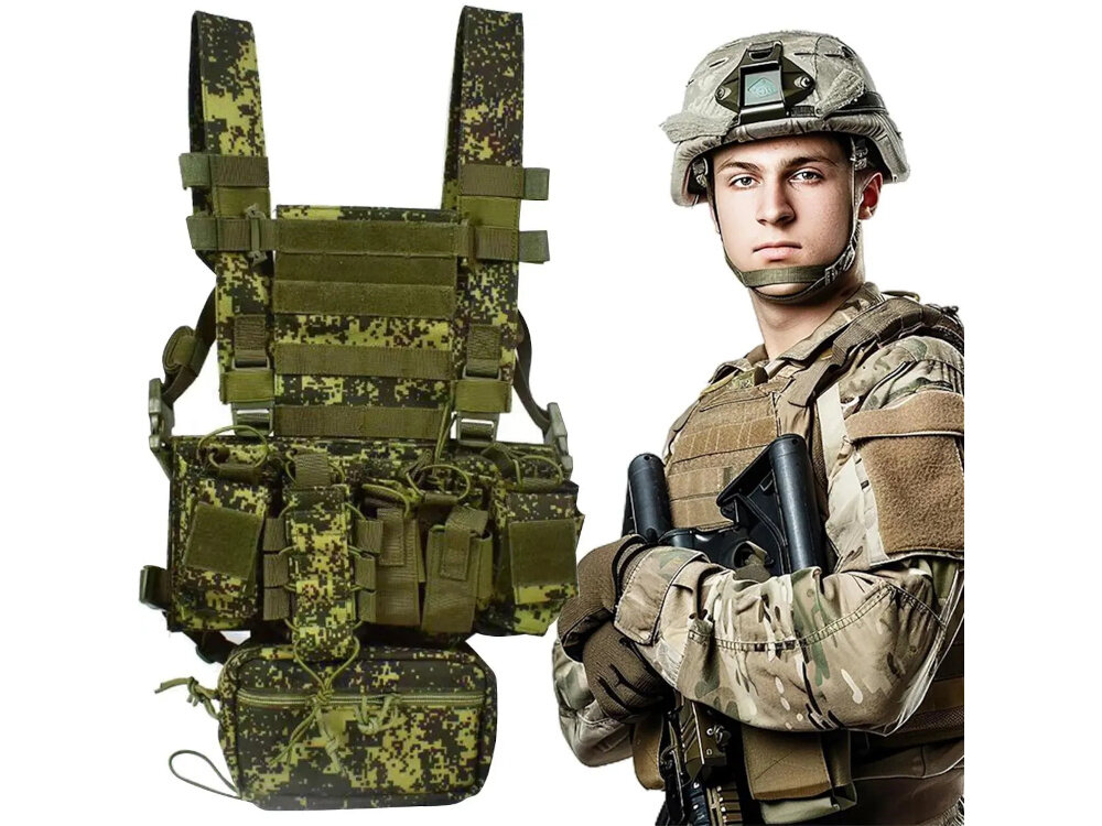 Kamizelka taktyczna EXTRALINK Airsoft ASG MIL-1123 Moro białe tło osoba w kamizelce obok zdjęcie całej kamizelki wszechstronność terenowa aktywność