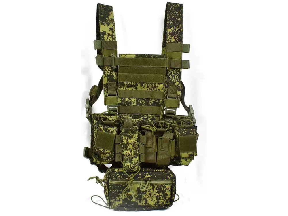 Kamizelka taktyczna EXTRALINK Airsoft ASG MIL-1123 Moro kamizelka na białym tle widoczna od przodu waga 950 g poprawia wygodę noszenia podczas długich działań stabilne rozłożenie wyposażenia pomaga zmniejszyć zmęczenie płynność ruchów