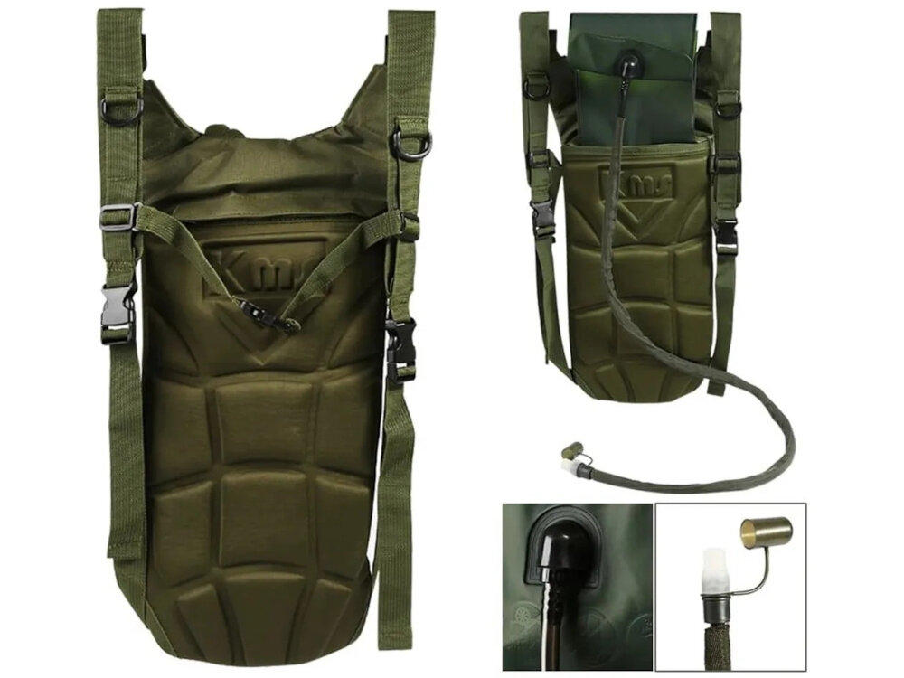Plecak EXTRALINK Hydracyjny MIL-1114 Zielony plecak w trzech ujęciach widok od tyłu zbliżenie na ustnik do biegania jazdy na rowerze trekkingu działań taktycznych wbudowany bukłak o pojemności 3 litrów wygodny dostęp do wody silikonowy ustnik samoblokujący