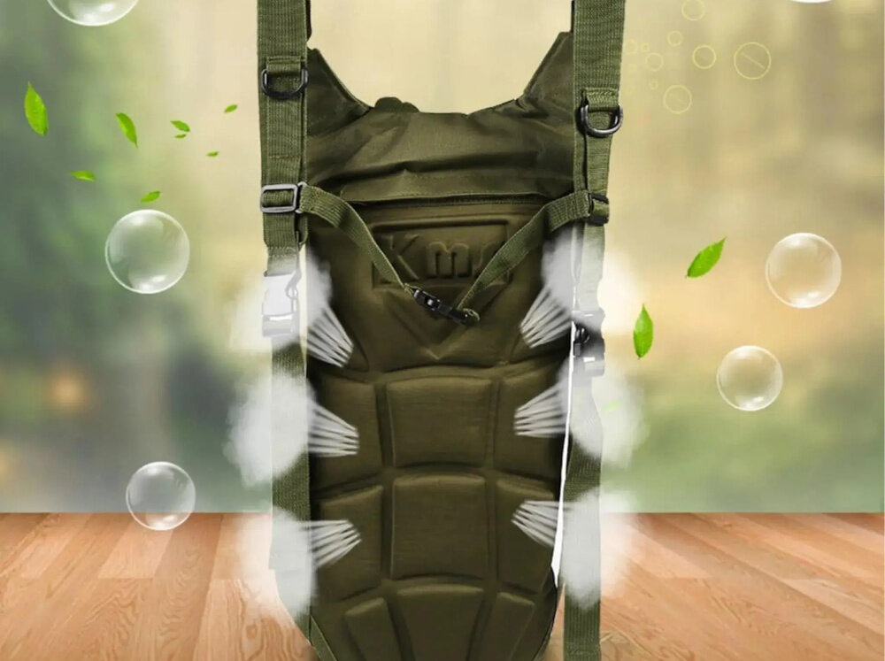 Plecak EXTRALINK Hydracyjny MIL-1114 Zielony plecak widoczny od tyłu pokazana wentylacja na plecach bańki powietrza system wentylacji pleców z panelami i kanalikami poprawia cyrkulację powietrza redukuje pocenie i zwiększa komfort plecy plecaka usztywniono formowaną pianką obszytą nylonem stabilny kształt i amortyzuje nacisk