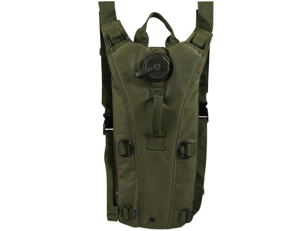 Plecak EXTRALINK Hydracyjny MIL-1114 Zielony plecak na białym tle widoczny od przodu z lekkiego i trwałego materiału 600D Oxford odporny na przetarcia i wilgoć specjalny nit-dren w dolnej części umożliwia szybkie odprowadzenie wody ułatwia też czyszczenie