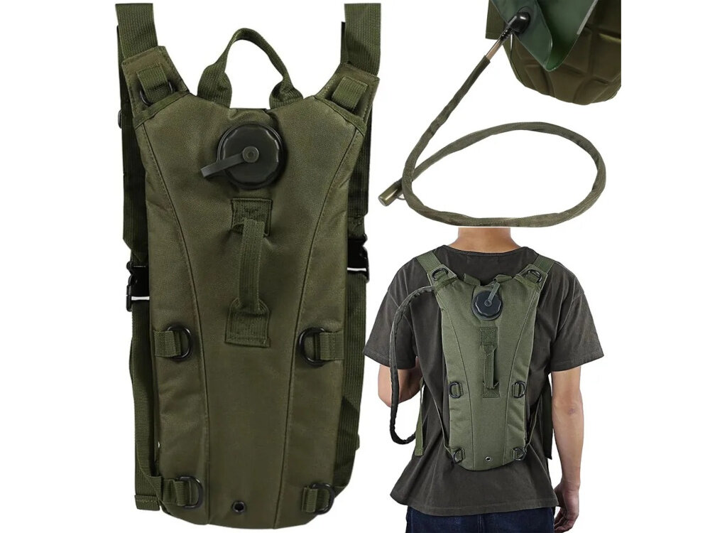 Plecak EXTRALINK Hydracyjny MIL-1114 Zielony białe tło plecak widoczny od przodu obok stoi osoba z plecakiem założonym na plecach zbliżenie na rurkę do picia bukłak wykonany z elastycznego uretanu termoplastycznego (TPU) odpornego na temperatury od -20°C do +50°C materiał nie wpływa na smak wody łatwy w czyszczeniu duży otwór ułatwia napełnianie mocna konstrukcja