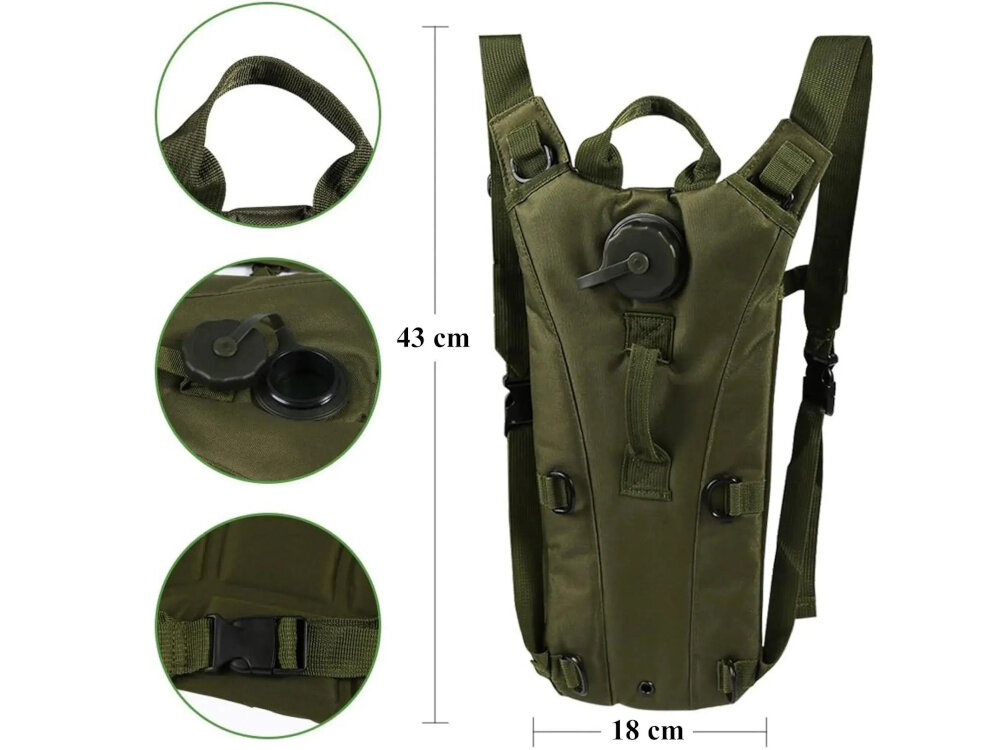 Plecak EXTRALINK Hydracyjny MIL-1114 Zielony plecak na białym tle widoczny od przodu obok trzy zdjęcia w kółkach ze zbliżeniem na uchwyt klamrę i bukłak lekkość trwałość funkcjonalność regulowany pasek na klatkę piersiową stabilizuje plecak podczas ruchu waga zaledwie 0,6 kg wymiary 43 x 18 cm plecak nie obciąża użytkownika