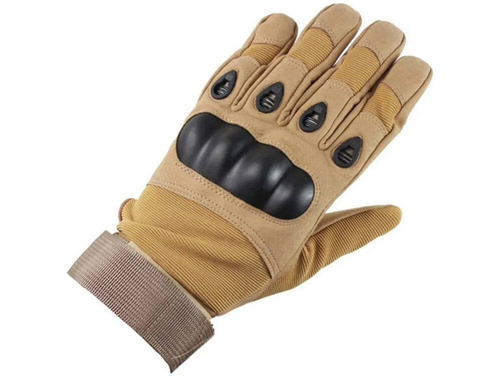 Rękawice taktyczne EXTRALINK MIL-696 (rozmiar L) Brązowy jedna rękawica na białym tle z połączenia gumy i nylonu odporność na przetarcia i uszkodzenia mechaniczne materiał jest elastyczny wytrzymały w rozmiarze L