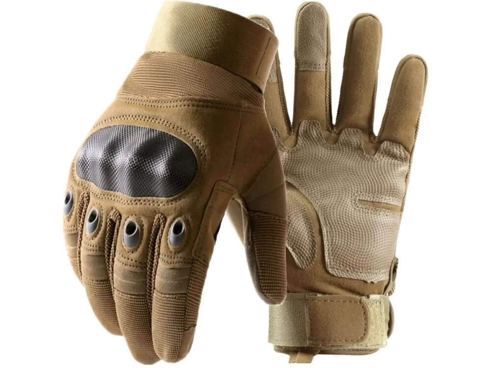 Rękawice taktyczne EXTRALINK MIL-696 (rozmiar L) Brązowy rękawice na białym tle długość rękawic 22,5 cm pięciopalczasta konstrukcja pełna ochrona dłoni i palców przed otarciami uderzeniami czy zabrudzeniami dłonie są lepiej chronione ochrona komfort pełna swoboda ruchów antypoślizgowe wstawki wentylacja elastyczny materiał