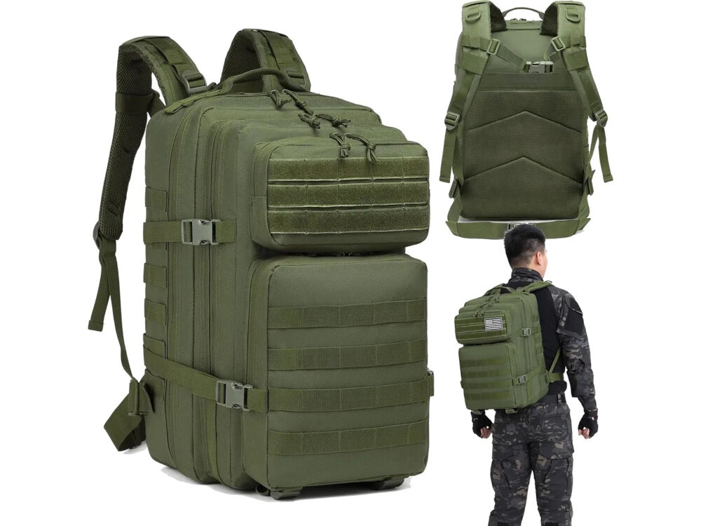 Plecak EXTRALINK MIL-1115 Zielony białe tło plecak w dwóch ujęciach widoczny od przodu pod skosem i od tyłu na pierwszym planie stoi osoba tyłem z plecakiem założonym na ramiona funkcjonalność wygoda duża pojemność