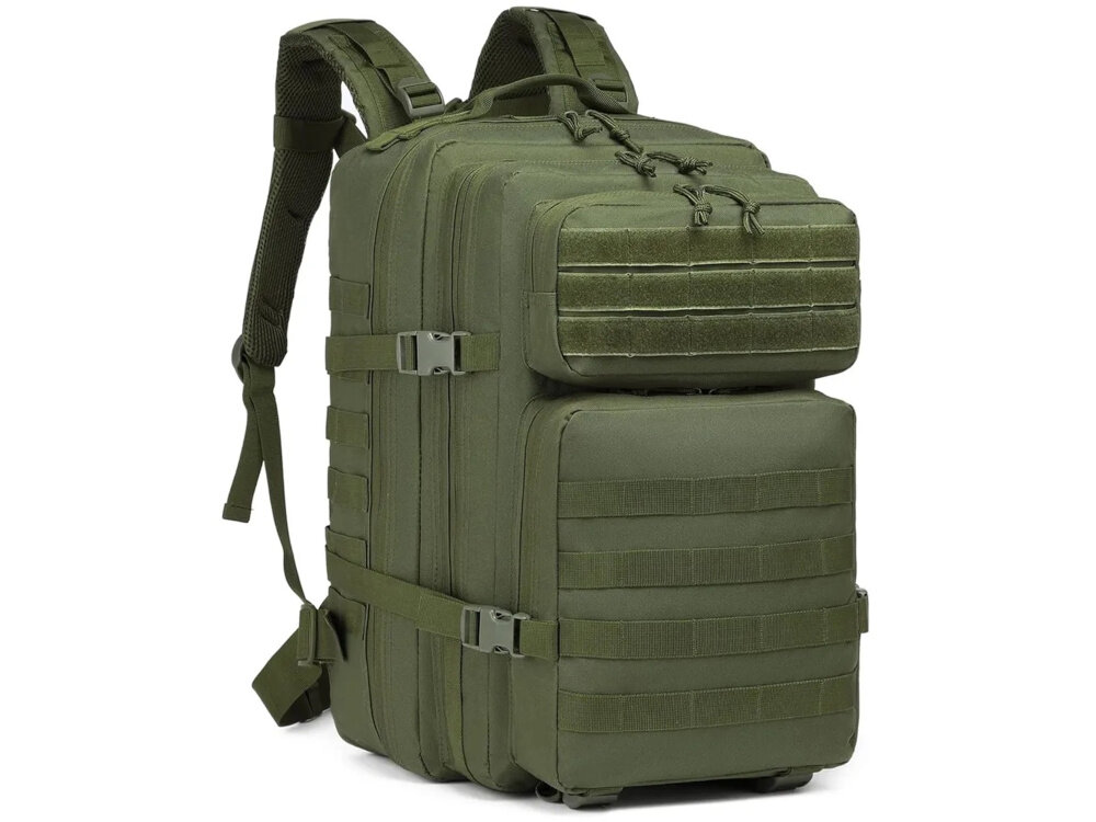 Plecak EXTRALINK MIL-1115 Zielony plecak na białym tle widoczny od przodu pod skosem pojemnego i wytrzymałego plecaka do pracy turystyki codziennego użytku pojemności około 45 litrów Dwie główne komory zamykane na dwubiegunowe zamki szybki dostęp do zawartości liczne kieszenie