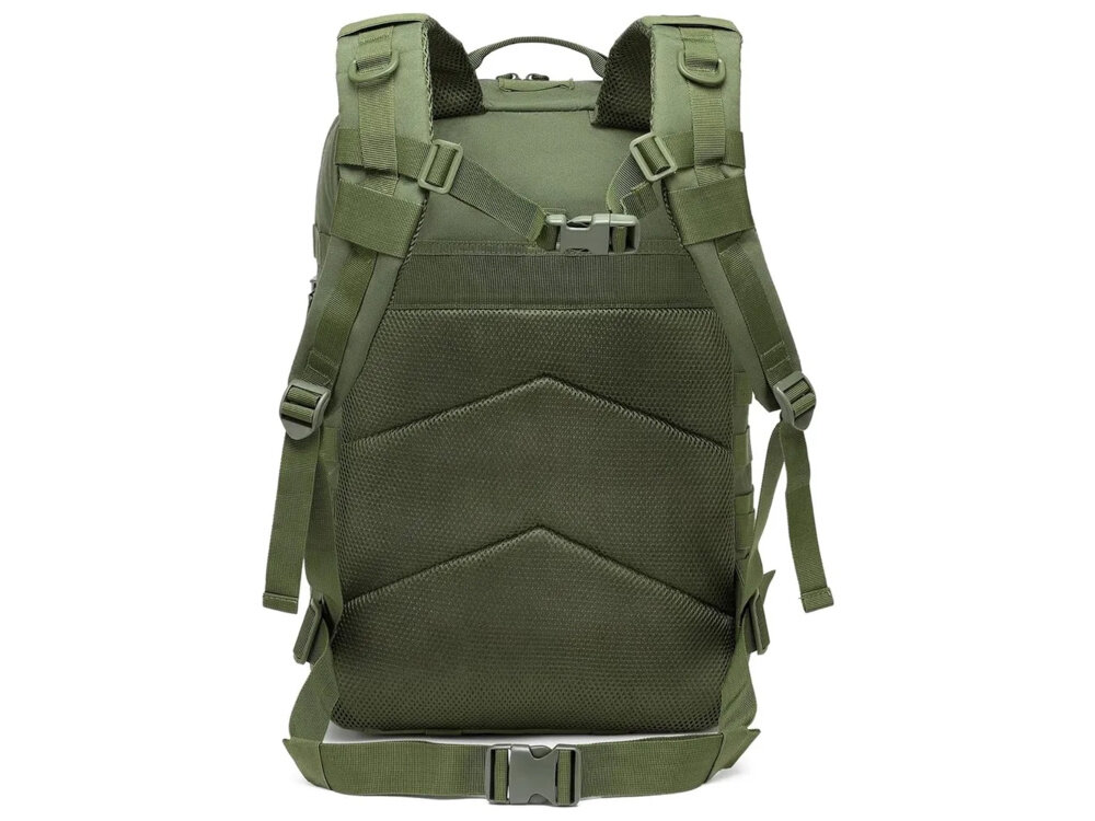 Plecak EXTRALINK MIL-1115 Zielony plecak na białym tle widoczny od tyłu pas biodrowy pasy kompresyjne bardzo dobrze dopasować jego ułożenie do ciała użytkownika większą stabilność redukuje obciążenie ramion i kręgosłupa