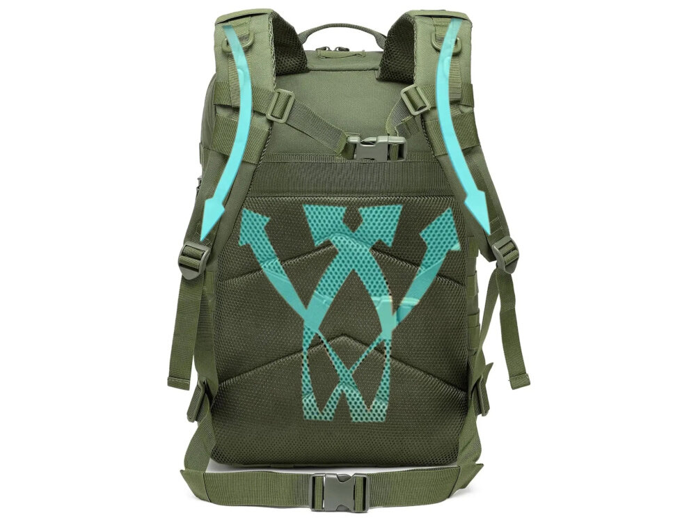 Plecak EXTRALINK MIL-1115 Zielony plecak na białym tle widoczny od tyłu niebieskie strzałki pokazujące wentylację system wentylowanych pleców i szelek prawidłowa cyrkulacja powietrza ogranicza nagrzewanie i pocenie się specjalne panele wentylacyjne tworzą przestrzeń między plecami a plecakiem