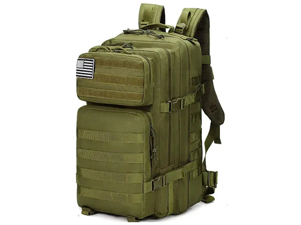 Plecak EXTRALINK MIL-1115 Zielony plecak na białym tle widoczny od przodu pod skosem z wytrzymałego poliestru 800D z wodoodporną powłoką wewnętrzną chroni zawartość przed deszczem i zabrudzeniami wysoka odporność na przetarcia i rozdarcia