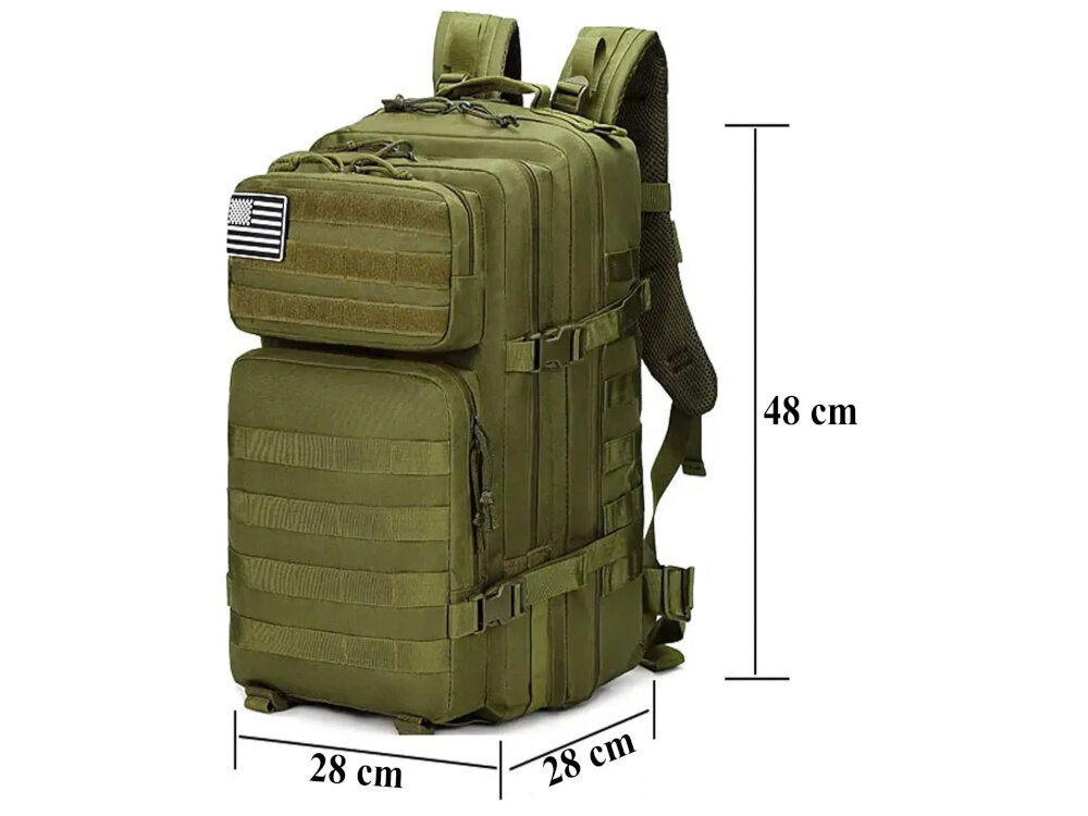 Plecak EXTRALINK MIL-1115 Zielony plecak na białym tle widoczny od przodu pod skosem obok czarne linie pokazujące wymiary plecaka solidne klamry fastex i D-ringi trwałość możliwość przypięcia podręcznych akcesoriów uchwyt walizkowy waga około 1,4 kg wymiary 48 x 28 x 28 cm