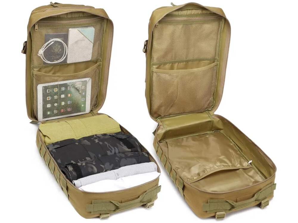 Plecak EXTRALINK MIL-1115 Zielony dwa ujęcia otwartego plecaka w jednym wnętrze wypełnione ubraniami w drugim puste wnętrze pojemności 45 litrów wewnętrzne i zewnętrzne kieszenie szeroki dostęp do komór usprawnia pakowanie i utrzymanie porządku