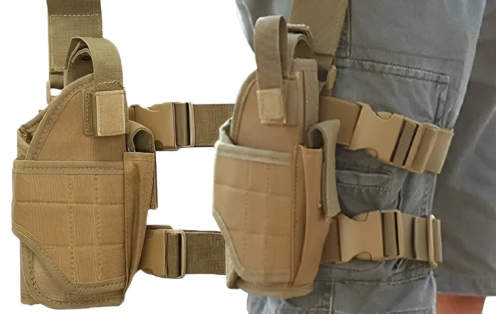 Kabura na broń EXTRALINK Military MIL-1117 białe tło kabura przypięta do nogi osoby obok zdjęcie samej kabury do zadań taktycznych bezpieczne przenoszenie broni