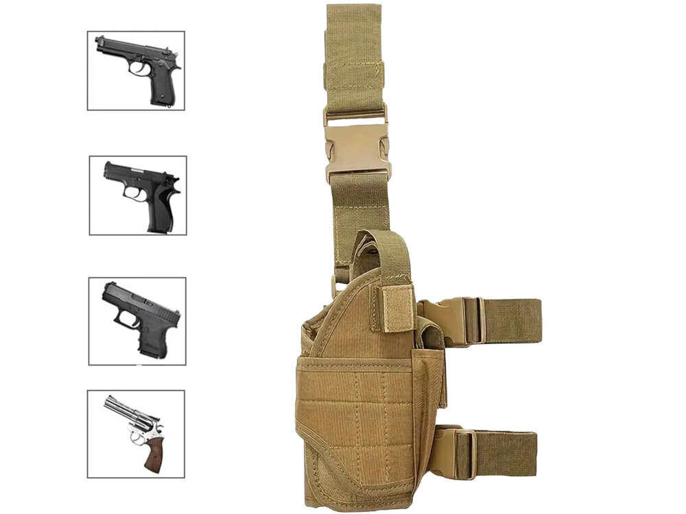 Kabura na broń EXTRALINK Military MIL-1117 kabura na białym tle obok zdjęcia czterech różnych pistoletów zabezpieczenia przed wypadnięciem pistoletu bezpieczeństwo użytkownika system pasków stabilizujących odpowiednio usztywniona konstrukcja broń w jednej pozycji broń pozostaje stabilnie utrzymana i właściwie zabezpieczona konstrukcja pasuje do wielu popularnych rodzajów pistoletów