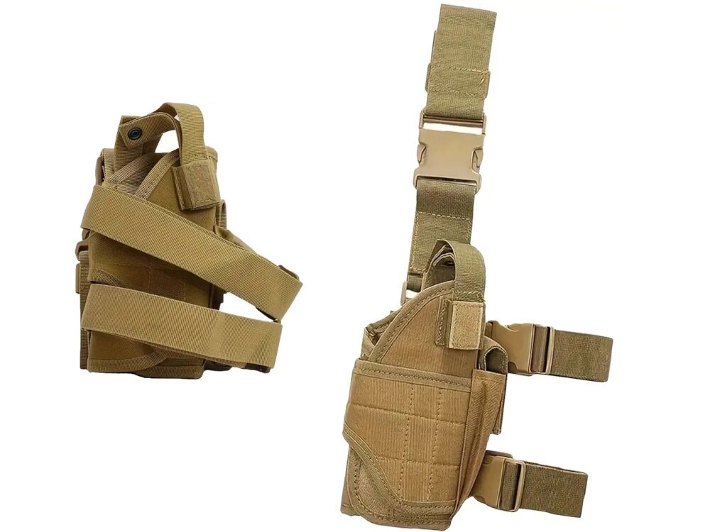 Kabura na broń EXTRALINK Military MIL-1117 kabura w dwóch ujęciach na białym tle widok od tylu i od przodu dodatkowa kieszeń na magazynek ładownica na amunicję można mieć zapas przy sobie bez potrzeby noszenia osobnego pokrowca ułatwia organizację wyposażenia i przyspiesza dostęp do niezbędnych elementów w terenie