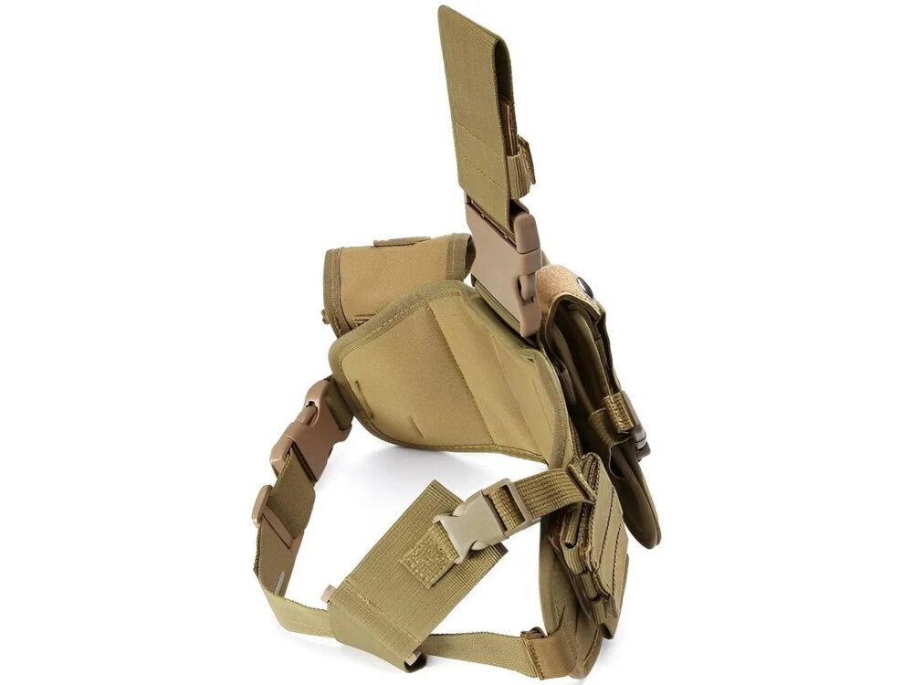 Saszetka EXTRALINK Military MIL-1118 saszetka na białym tle widok od tyłu pod skosem zabezpieczenia przed wypadnięciem pistoletu bezpieczeństwo użytkownika system pasków stabilizujących odpowiednio usztywniona konstrukcja broń w jednej pozycji broń pozostaje stabilnie utrzymana i właściwie zabezpieczona konstrukcja pasuje do wielu popularnych rodzajów pistoletów